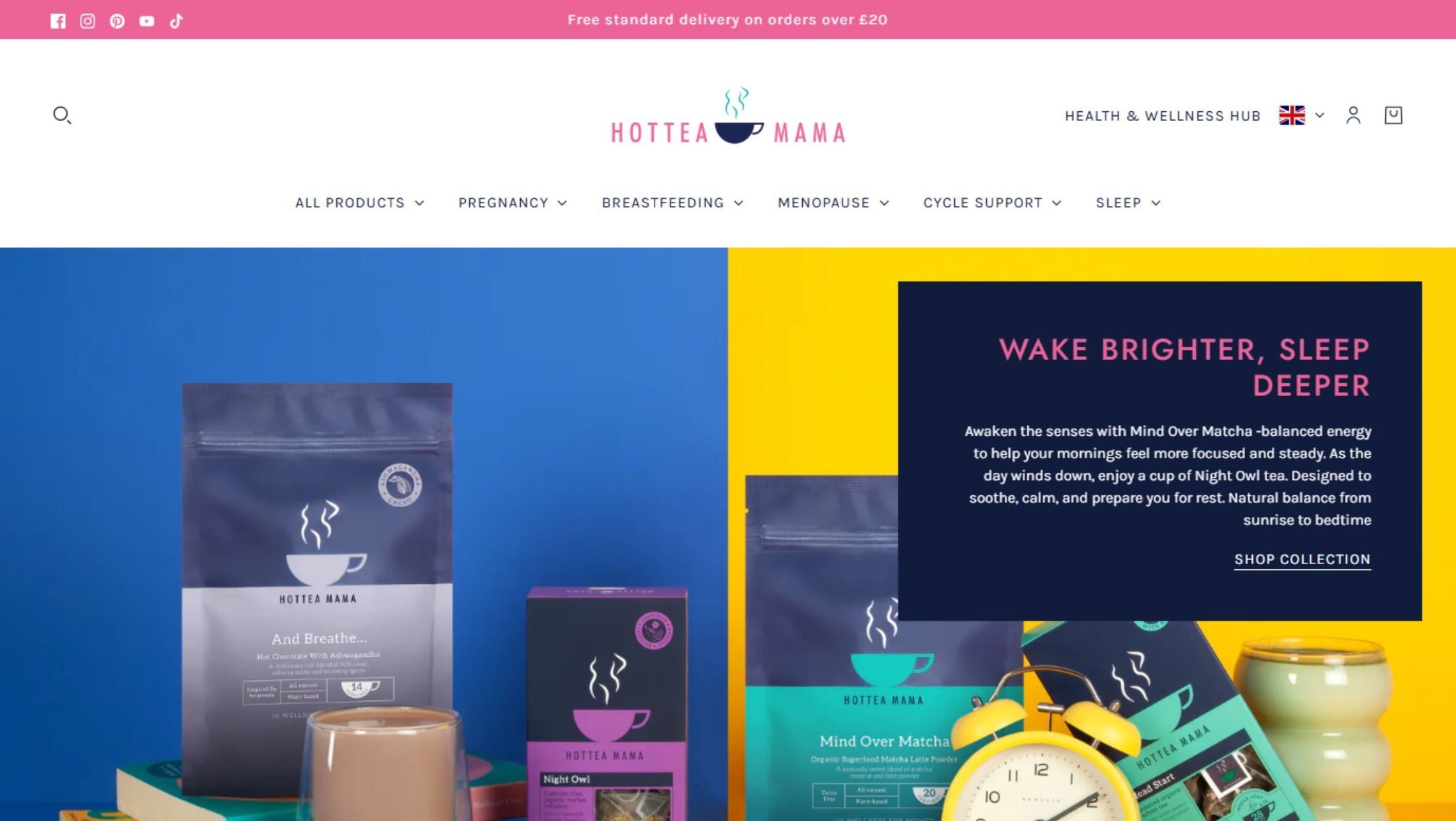 A website screenshot of Hottea Mama featuring their 'Wake Brighter, Sleep Deeper' collection. The banner is split vertically into a blue section on the left showing packaged matcha and herbal tea products, and a yellow section on the right with a dark blue text block and a yellow alarm clock.