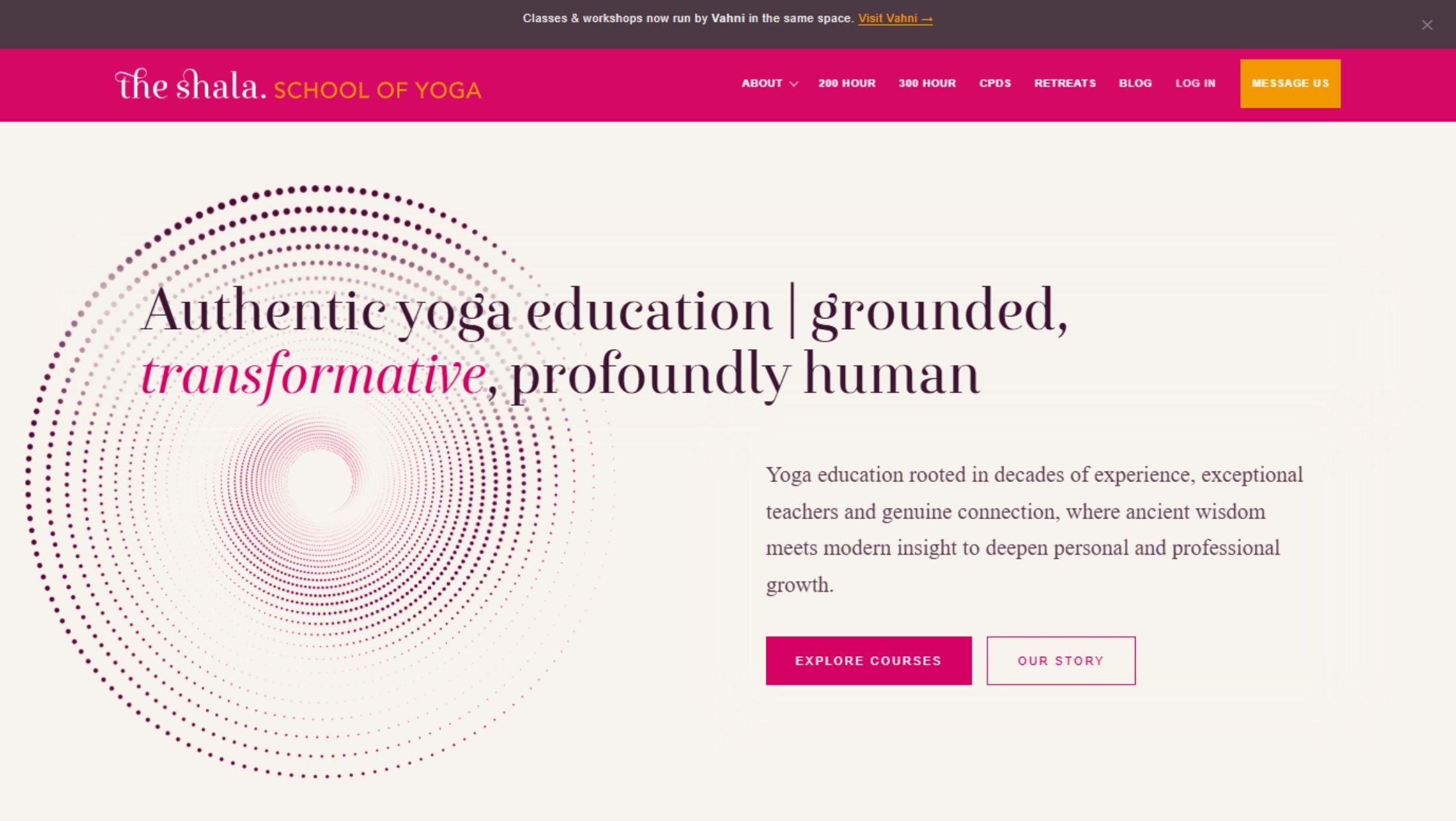 Website homepage for The Shala School of Yoga, featuring a large text banner on a cream background with a pink and magenta header bar and navigation menu.
