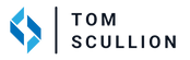 Logo of Tom Scullion with a blue and black design on a white background